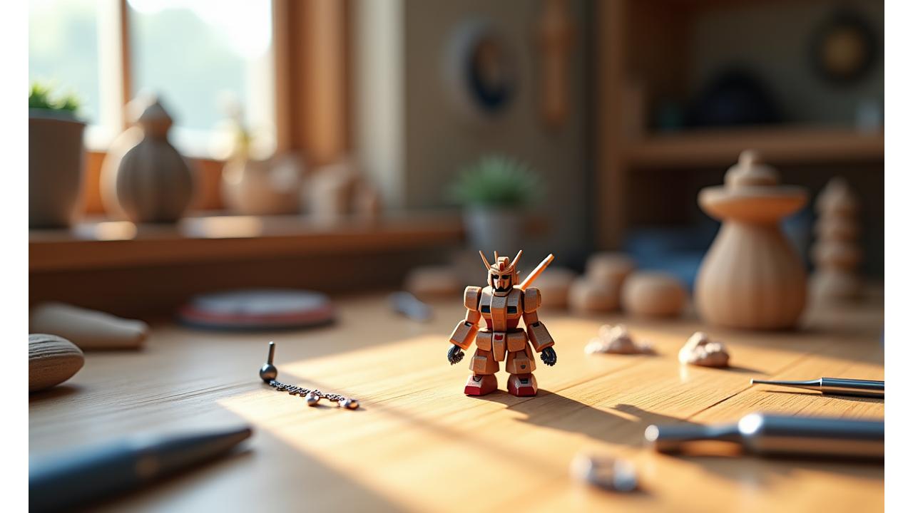 様々なクラフト工具と精巧な作品が並ぶ作業台
