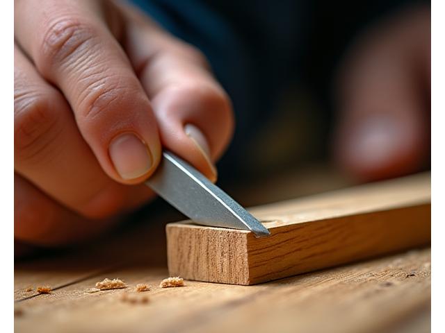 職人が木材をのみで丁寧に削り出す手元のクローズアップ