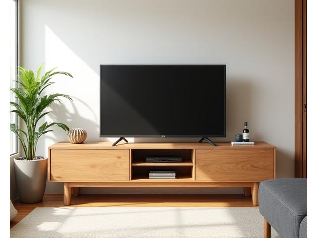ユーザーがDIYした木製のテレビ台。リビングに設置され、観葉植物と調和している。